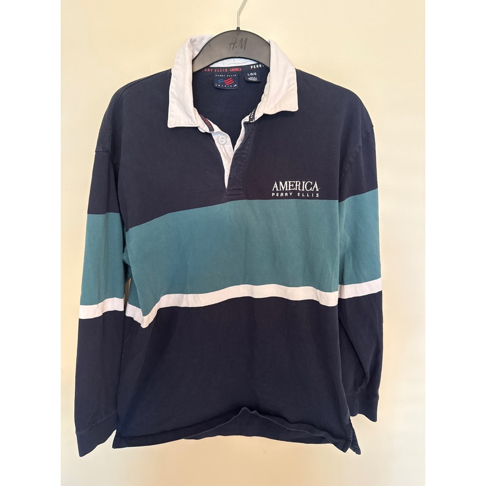 Perry Ellis America Mens Large Long Sleeve Rugby Shirt Navy Teal Colorblock